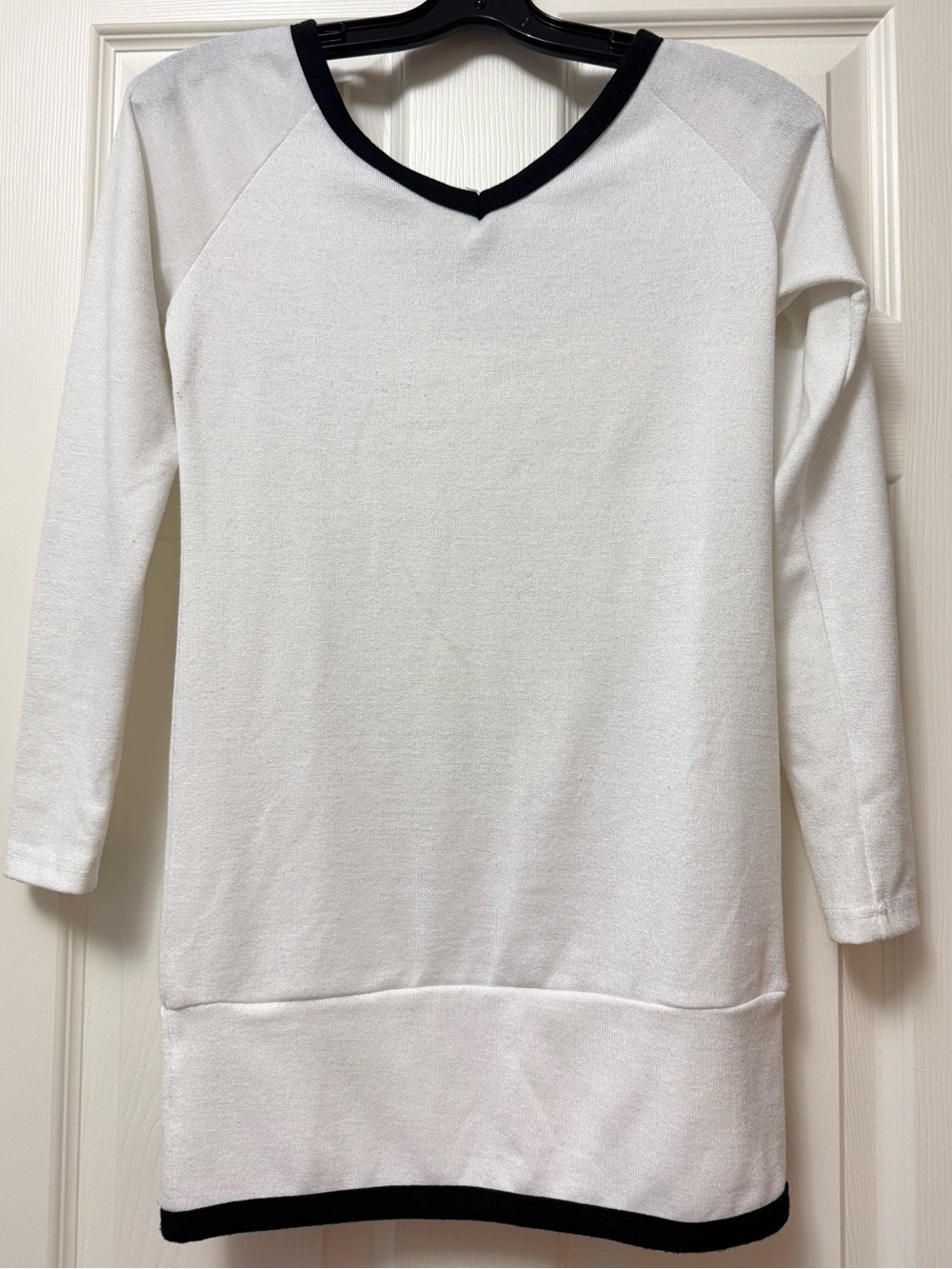 Women's White V-Neck Sweater with Black Trim